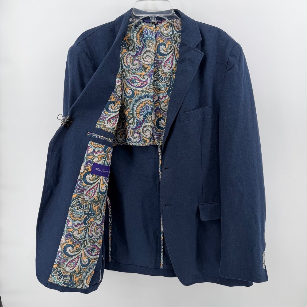 Alan Flusser Mens Navy Blue Linen Blend Paisley Lined Blazer Sport Coat Jacket